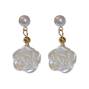 Elegant white camellia drop earrings with pearls and gold accents for women