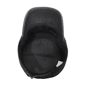 Deep grey washed denim flat top army cap with adjustable strap and vintage distressed style