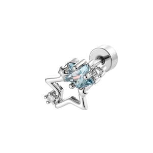 Star-shaped titanium steel cartilage stud earring with blue zircon in silver finish