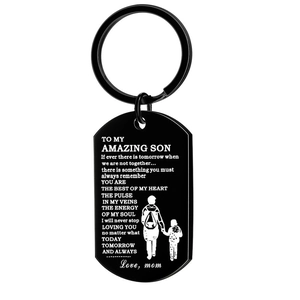 Black stainless steel dog tag keychain with engraved inspirational quote from mom to son