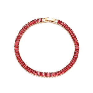 Elegant gold-plated tennis bracelet featuring rectangular red cubic zirconia stones