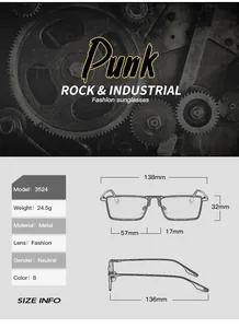 Detailed size chart for square metal sunglasses showing 138mm width and lens dimensions