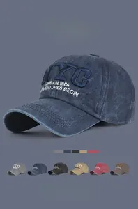 Detailed view of NYC embroidery on vintage washed cotton baseball cap with multi-color options