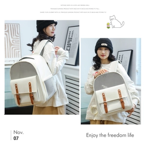 Detail of white pet carrier backpack with breathable mesh and stylish decorative pockets