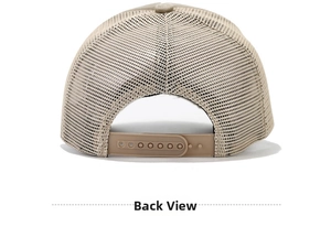 Detail of breathable beige mesh back and adjustable snapback closure on a distressed trucker hat