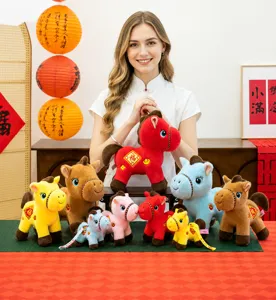 Assorted colorful Year of the Horse mascot plush toys in festive decoration setting