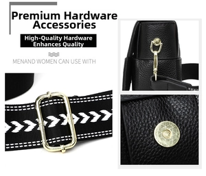 Detail of lychee pattern leather, golden metal hardware, and geometric woven strap on bag