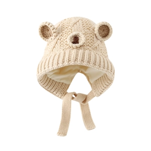 Cute bear-ear knit earflap hat for kids in beige with chin straps and warm lining