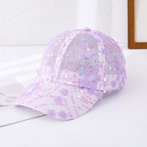 Detailed view of purple mesh baseball cap with 3D floral lace and colorful sequins