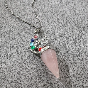 Silver crescent moon tree of life necklace with seven colorful gems and pink crystal cone