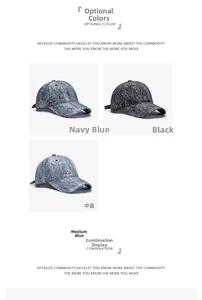 Detailed fabric texture of breathable baseball caps in navy, black and blue finishes