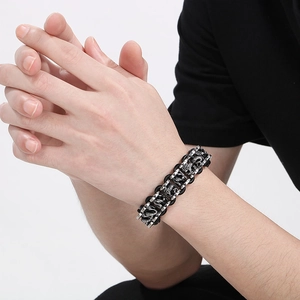 Punk style woven leather bracelet for men with vintage dragon beads and stainless steel