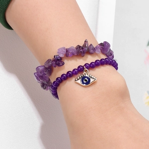 Double-layer purple natural stone beaded bracelet with blue evil eye charm for women