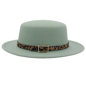 Mint green wool boater hat with leopard print band and gold buckle on white background
