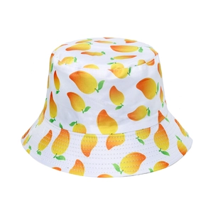 Detailed view of white cotton fisherman hat with vibrant all-over mango fruit print patterns