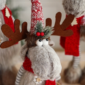 Christmas reindeer plush doll with knit hat and scarf for holiday window decor