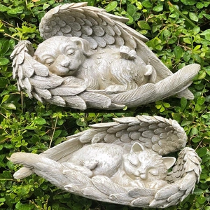 Resin pet memorial angel dog and cat statues with detailed feather wings for garden decor