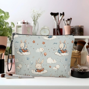 Cute bunny and cloud cosmetic bag with zipper, ideal for travel and makeup storage