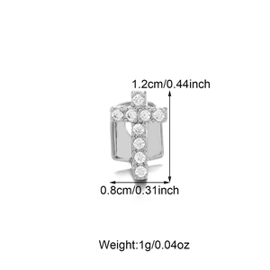 Cross shaped hip hop grillz in silver metal with white zircon stones and dimensions