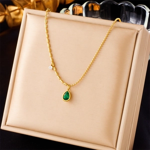 Stainless Steel Necklace With Green Water Drop Zircon Pendant Gold Plated Bead Clavicle Chain Retro Fashion Jewelry For Women