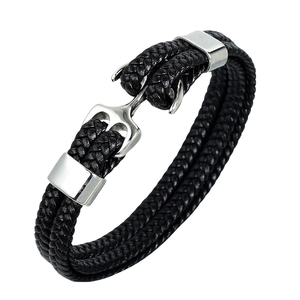 Vintage Braided Leather Anchor Bracelet For Men Stainless Steel Clasp Nautical Style Multi Layer Wristband Jewelry