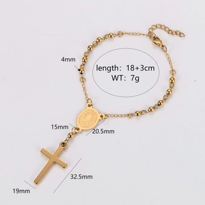 Gold minimalist rosary bracelet with cross and saint medal, bead diameter 4mm, 18+3cm long