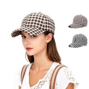 Houndstooth Plaid Tweed Baseball Cap Adjustable Metal Buckle Sun Protection Vintage Hard Top Outdoor Casual Hat