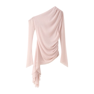 Pink one-shoulder long sleeve top with ruffled hem and pleated mesh fabric for women