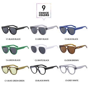 Detailed grid of double-bridge retro sunglasses in nine distinct color variations