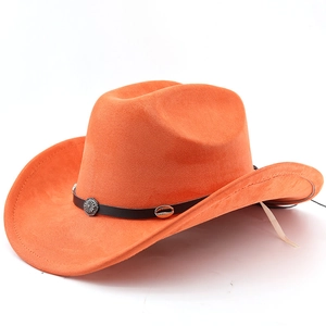 Close-up of orange cowboy hat showing suede texture, black belt and vintage metal buckle