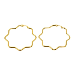 Pair of minimalist golden wavy flower-shaped hoop earrings on a clean white background