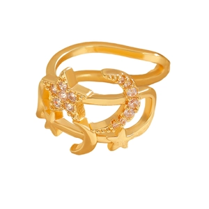 Eleganter goldener Stern- und Mondring mit glitzernden weißen Zirkonia-Kristallen