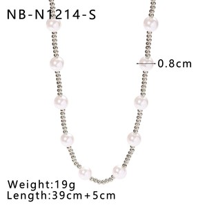 Detail of 8mm pearl necklace with silver chain, 39cm length and extension specifications