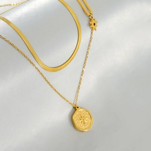 Double Layer Necklace Stainless Steel Gold Plated Hexagram Star Disc Pendant Retro Fashion Jewelry For Women