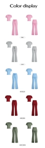 Color display showing women's t-shirt and pants set in five different vibrant shades