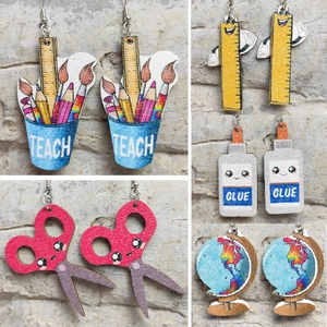 Wooden Dangle Earrings School Teacher Theme Cartoon Pencil Book Globe Novelty Jewelry For Women With Iron Earring Post