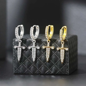 Iced out gold and silver cross dagger dangle earrings with micro paved cubic zirconia