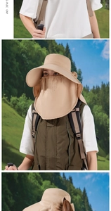 Detail of khaki sun hat with breathable face mask and neck flap for outdoor protection