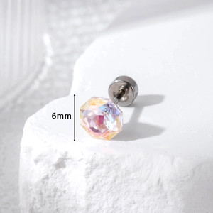 6mm octagon iridescent crystal stud earring with titanium steel screw back on white stone