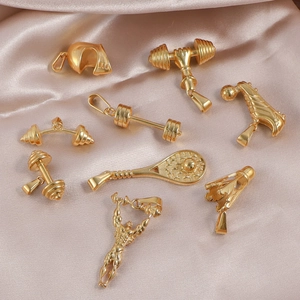 Golden stainless steel sports charms set with dumbbell, helmet and badminton on silk