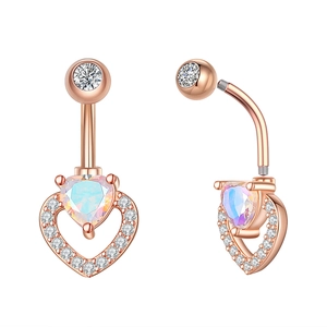 Rose gold heart belly button ring with opal center and side view of screw ball detail