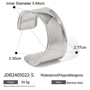 Minimalist wide open bangle in silver stainless steel with detailed dimensions