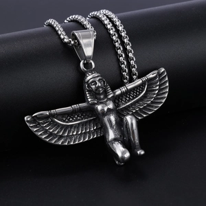 Vintage silver stainless steel Egyptian goddess Isis winged pendant necklace on a black stand