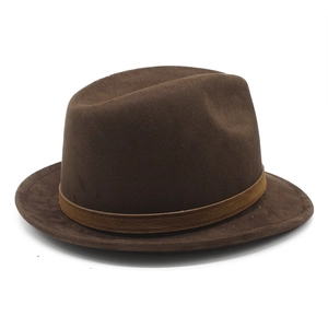 Detail of a dark brown felt fedora with a teardrop crown and matching leather band