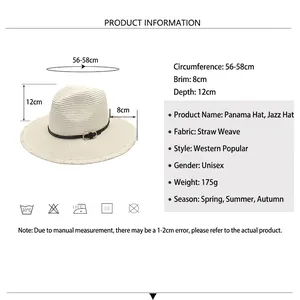 Foldable wide brim straw sun hat with size guide and detailed product specifications