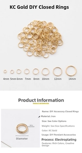 Detailed size chart for KC gold plated jump rings ranging from 4mm to 14mm for DIY jewelry