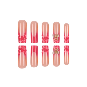 French style 3D butterfly coffin press-on nails with pink gradient and relief texture
