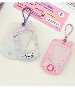 Detail of cute puppy and bunny acrylic magnetic card holders with colorful bead chains