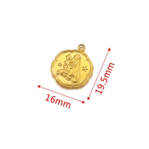Detailed macro view of 16mm gold zodiac pendant with dimensions 16mm and 19.5mm