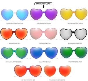 Grid display of heart-shaped sunglasses with colorful mirrored lenses in various frames